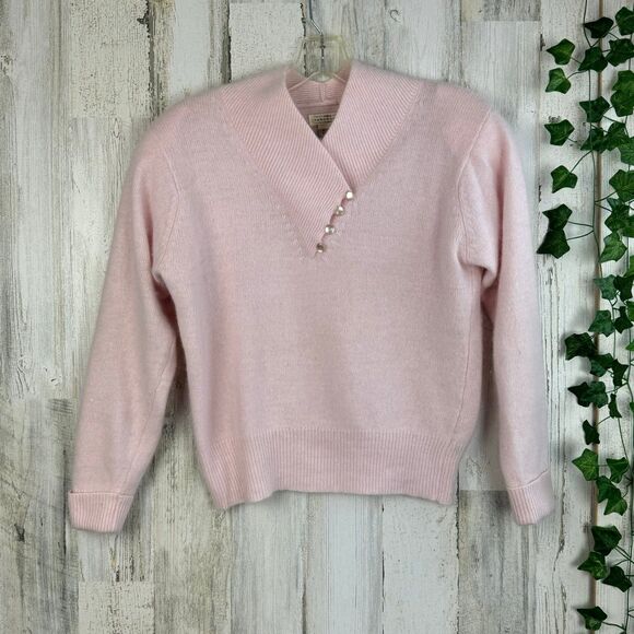 VTG 80s Yarnworks Pink Lambswool Angora Nylon Womens Sweater PM Unique Neckline - Picture 2 of 6
